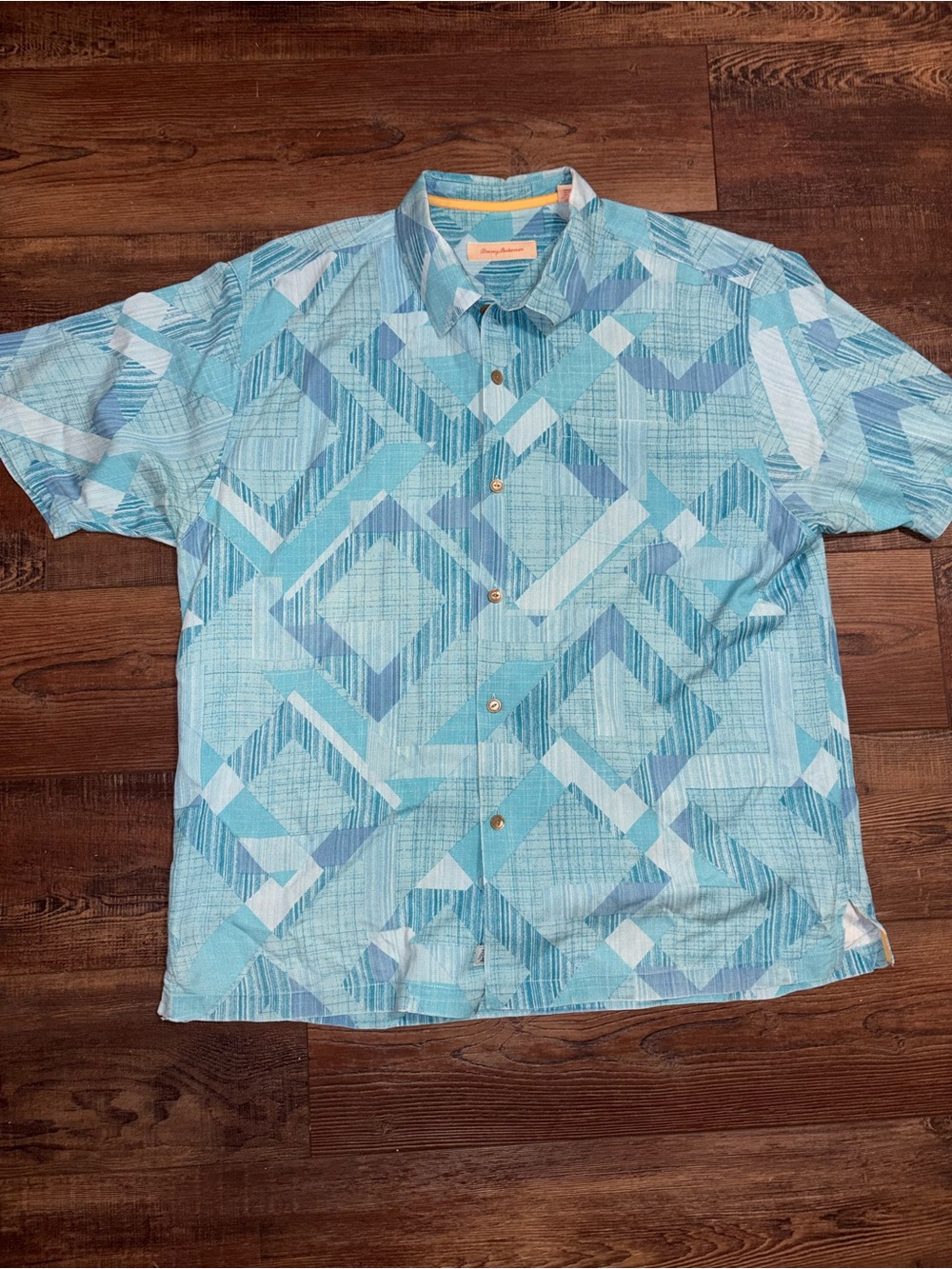 Tommy Bahama 100% Silk Camp Shirt Mens XL Blue Geometric Hawaiian Button Up